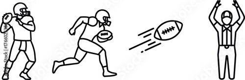 Vector art of american football icons depicting a quarterback throwing, a player running with the ball, the ball in motion, and a referee signaling, capturing the sports action