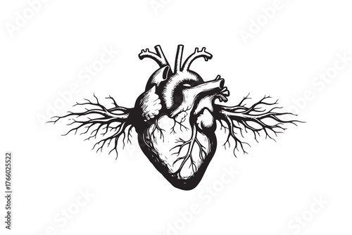 Anatomical Human Heart with Tree Roots Vector Illustration