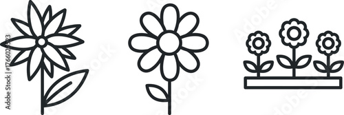 Vector art of flower icons showing different types of flowers and a flower bed
