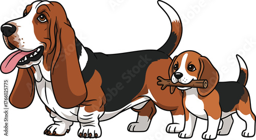 Adorable Basset Hound Cartoon Vector Duo: Parent and Puppy with Stick, Charming Family of Dogs on Transparent Background for Pet-Themed Creations