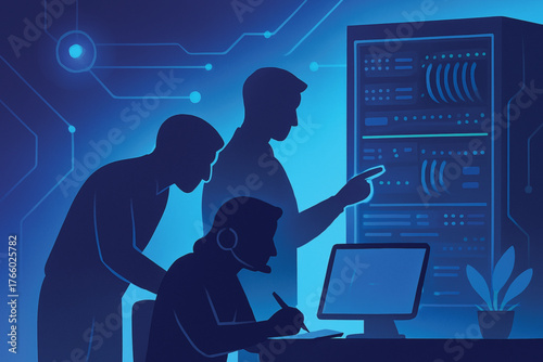 Two IT Technicians Inspecting Network Rack