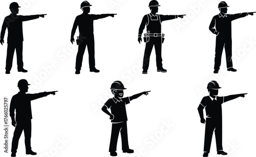 Silhouette construction workers pointing, safety helmets, black icons, field roles, tool belts, posture variation, industrial attire, site direction, worker gestures