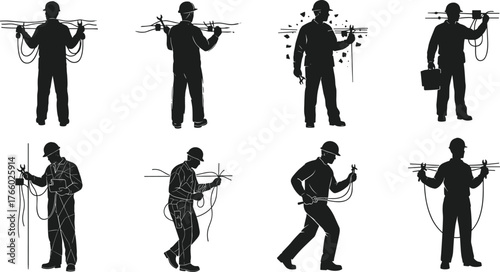 Silhouette electricians handling cables, safety gear, electrical work poses, black icons, toolbox, sparks effect, cable installation, technician posture, field activity