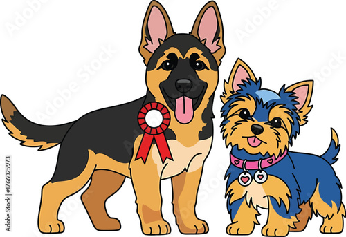 Cartoon German Shepherd and Yorkshire Terrier Friends with Rosette Award Winning Dogs Charming Canine Companions Loyal Pets Wearing Dog Collars Pet Show Concept