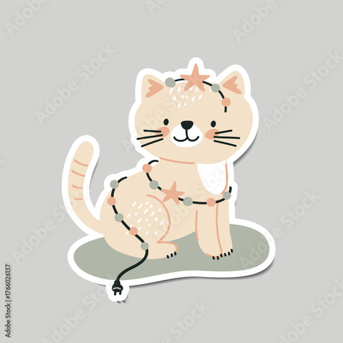 Cartoon kitten wrapped in Christmas garland, cute Christmas sticker in flat style