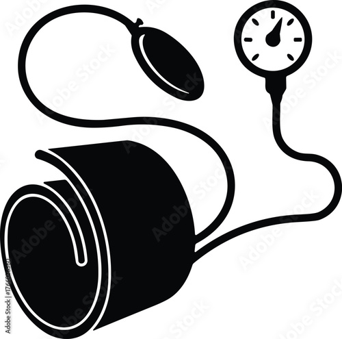 Silhouette of manual blood pressure monitor with cuff, bulb, and gauge representing medical equipment for cardiovascular health and hypertension screening