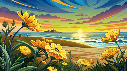Very beautiful, yellow flowers and sunset over the Pacific Ocean at Salt Creek Beach in Dana Point, California, golden sky, glowing clouds, gentle waves, sandy shore, coastal cliffs, and peaceful ocea