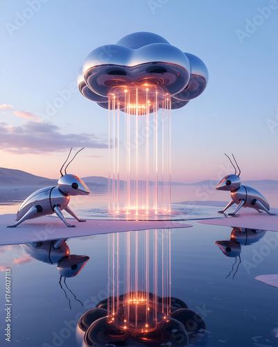 Wallpaper Mural An ethereal landscape where rare metallic clouds drip luminescent liquid into a tranquil pond, reflecting minimalist geometry in perfect harmony. Unusual creatures, resembling fusion between insect an Torontodigital.ca