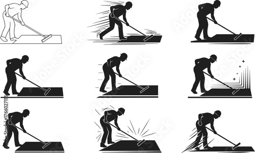 Silhouette workers using floor squeegee, cleaning motion sequence, black icons, surface smoothing, posture variation, manual labor, tool usage, step-by-step action
