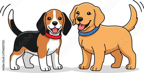 Cartoon Beagle and Golden Retriever Joyful Pups Friendly Companions Smiling Dogs Wagging Tails Playful Pets Graphic Design Vector Cute Canines Animal Friends Happiness Icon Mascot