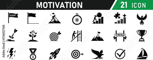 Motivation icon set. Including Start Flag, Finish Flag, Medal, Trophy, Target, Mountain, Podium, Star, Progress Bar, Checklist. Vector silhouette illustration