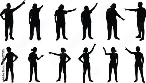 Silhouettes of 12 people pointing and standing in various poses, male and female figures for gesture, posture, and design reference