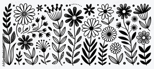 Black and White Hand Drawn Floral Elements and Leaves Vector Illustration Keywords: floral, flower, botanical, nature, leaves, illustration, hand