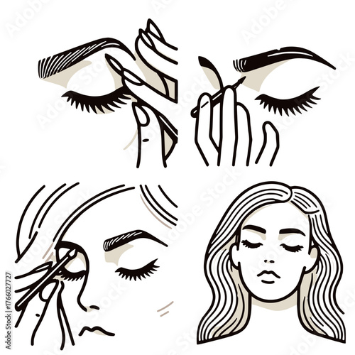 Woman plucking eyebrows and applying makeup with focused expression  