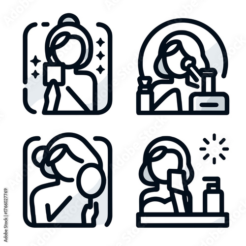 Woman applying makeup while looking in mirror and enjoying beauty  