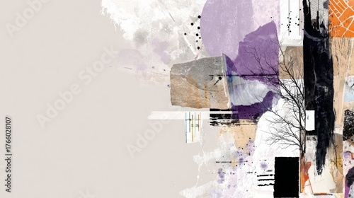 Abstract mixed-media collage with torn paper, paint strokes, ink splatters, rock and stark tree branch on clean background, layered textures suggesting decay and expression