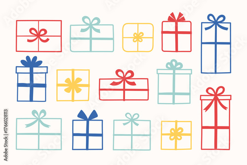 Set with cute hand drawn gift boxes. Christmas decorations. Vector illustration