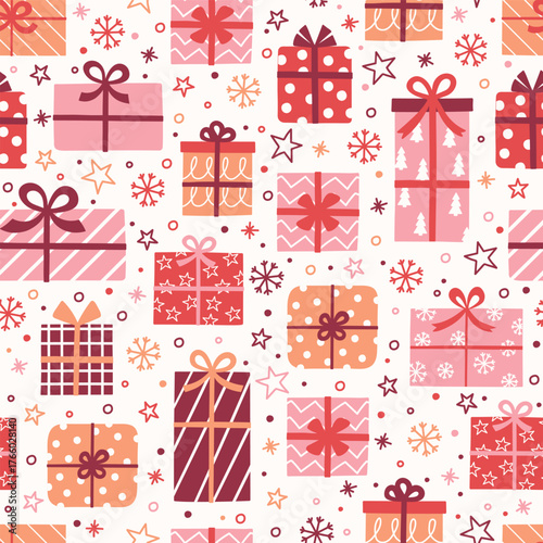 Colourful cartoon gift boxes background. Christmas seamless pattern. Banner. Vector illustration