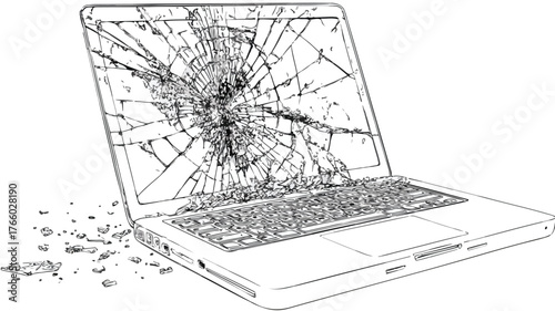 Broken Laptop with Cracked Screen - Technology Concept Photo