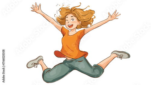 Joyful Cartoon Girl Jumping in Air with Arms Raised