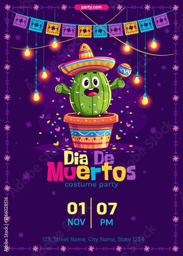 Cheerful Día de Muertos poster with a smiling cactus in a colorful sombrero and maraca, surrounded by festive lights and papel picado. Perfect for Mexican party invitations or holiday themes.