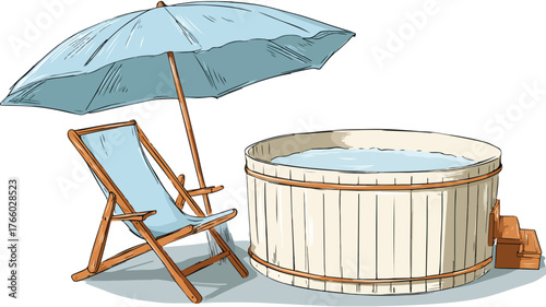 Relaxing Hot Tub Scene with Umbrella and Chair in Backyard