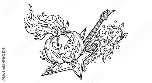Vector art of a flaming jackolantern carved with a menacing face, superimposed on a stylized electric guitar with swirling vines and stars