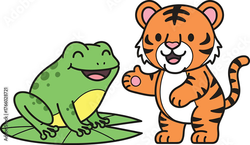 Cartoon Frog and Tiger Cub Illustration Vector Cheerful Amphibian and Feline Friends Animal Characters Design Clip Art Isolated Graphic Design Element Children Art Drawing