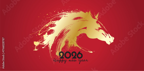 2026 year of the horse greeting design with golden brush strokes on red background for chinese lunar new year