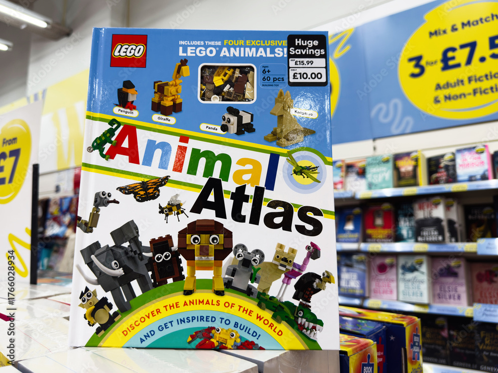 Naklejka premium Animal Atlas by Lego: colorful children book of animal figures and Lego toys for learning