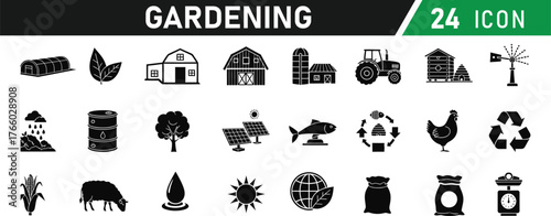 Gardening Agriculture icon set. Including Watering Can, Gardening Gloves, Shovel, Rake, Flower Pot, Seed Packet, Wheelbarrow, Pruning Shears, Hose, Leaf. Vector silhouette illustration