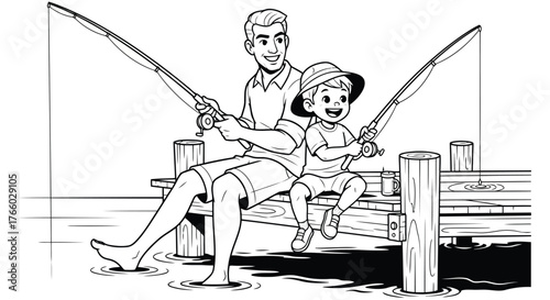 Vector art of a father and son are fishing together on a wooden dock, both holding fishing rods and smiling