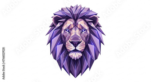 Geometric lion head illustration with purple hues against a clean white backdrop