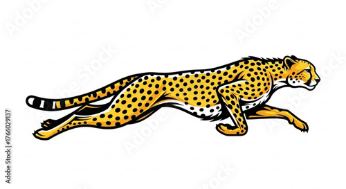 Cartoon cheetah running fast with black spots on its yellow fur against white background