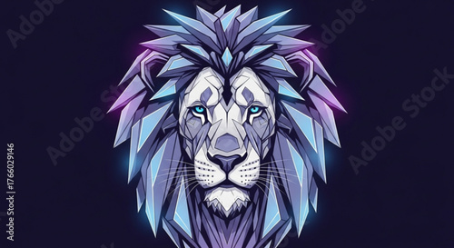 Geometric lion head with glowing neon accents against a dark background design