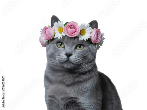 A grey cat wearing a pink and Transparent Background white flower crown on a black background feline