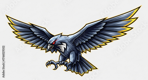 Fierce eagle mascot with spread wings and sharp talons ready to strike its prey