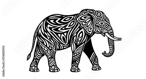 Ornate elephant illustration with tribal patterns in black and white design style