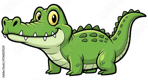 Happy cartoon alligator smiling with big eyes and sharp teeth on a white background