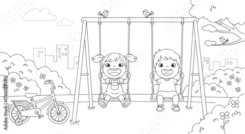 Vector art of two happy children, a boy and a girl, swinging on a playground swing set with a bicycle nearby, surrounded by trees and buildings, depicted in a simple line drawing for coloring