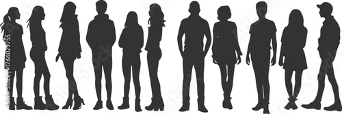 Silhouettes of eleven casually dressed people standing in a row, showcasing diverse postures, fashion styles, and human figure design reference