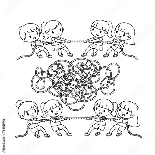 Vector art of children playing tug of war with a tangled rope in the middle
