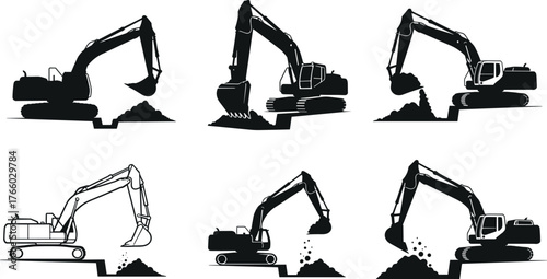 Silhouettes of excavator performing digging and dumping sequence, trench operation, earth-moving stages, construction equipment workflow, industrial site illustration