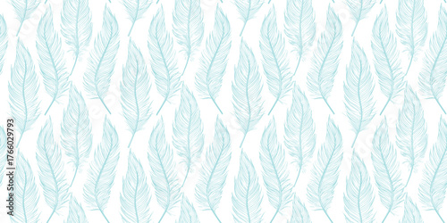 Vector seamless pattern with delicate feathers. Botanical hand-drawn background with organic plumes, soft lines. Turquoise and white texture. Repeating design for textile, decor, wallpaper, print