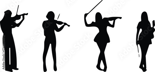 Silhouettes of four violin players in expressive poses showcasing musical performance, artistic movement, and classical instrument design reference