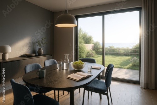 Modern dining room with natural light and garden view, elegant minimalist interior design with wooden table and soft neutral tones