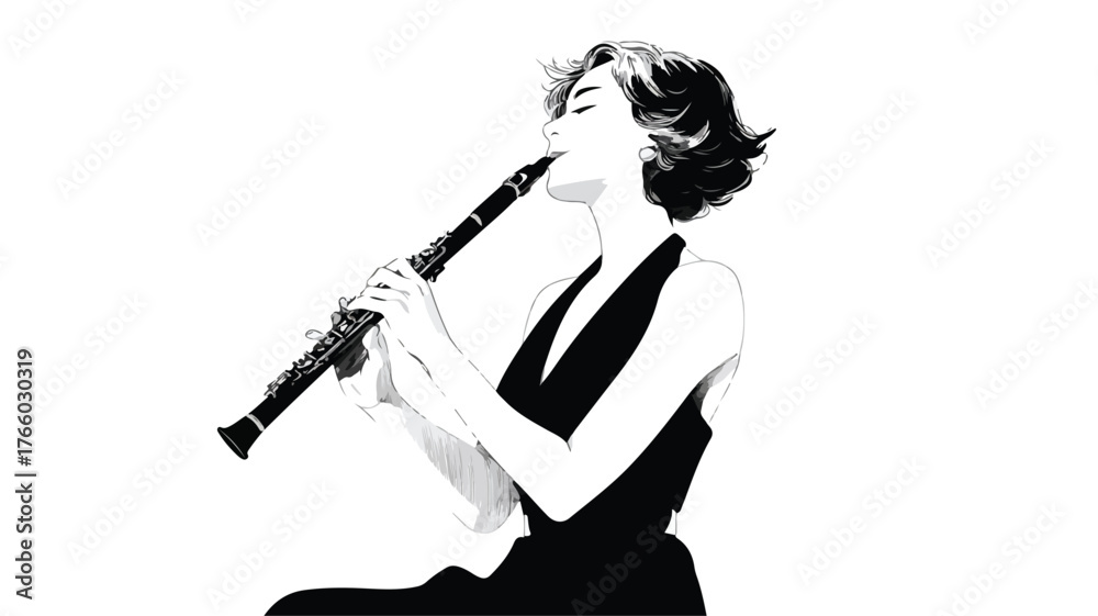 Fototapeta premium Elegant Woman Playing Clarinet in Black Dress Vector Illustration