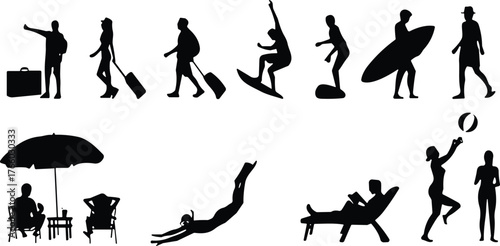 Silhouettes of people enjoying vacation and beach activities including surfing, diving, relaxing, traveling, and playing under sunny outdoor conditions