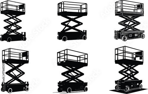 Silhouettes of scissor lifts in various extended positions, aerial platform equipment, construction access gear, vertical mobility, industrial lift illustration