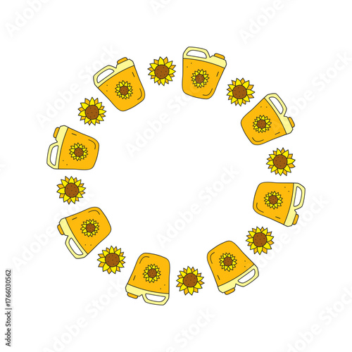 Cute round frame with doodle sunflower head flowers and oil in bottle isolated on white background.